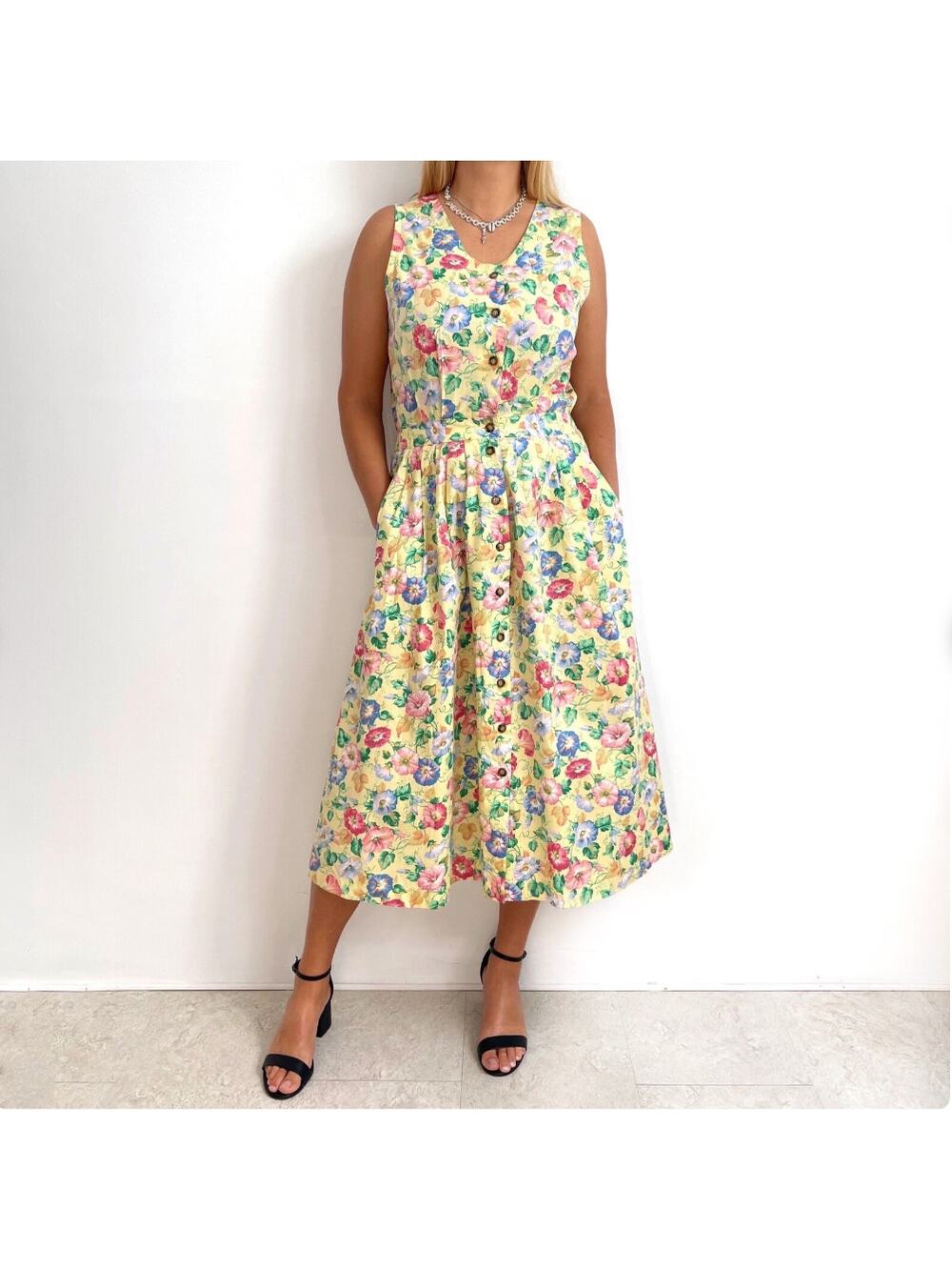Manor House Sz 8 Butter Yellow Floral Midi Tea Dress Button Up Floral Summer